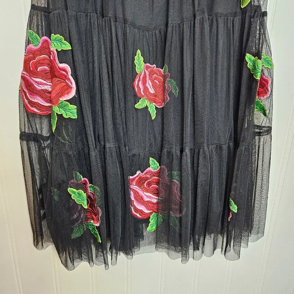 Black Midi Skirt with Red Rose Embroidery - Picture 4 of 14